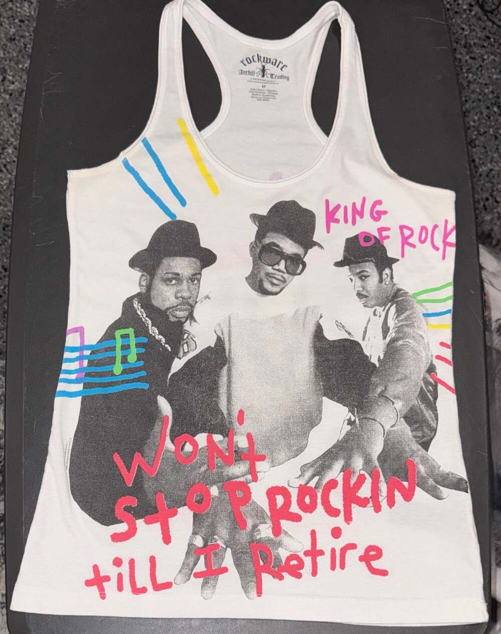 Run DMC Rockwear Racerback Tank Top Women’s Medium Hip Hop Graphic White Neon